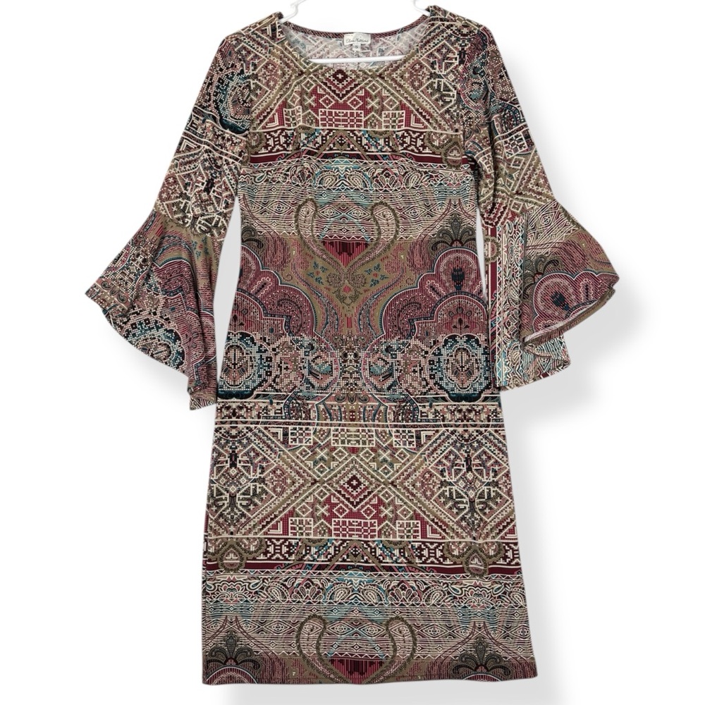 Olivia Matthews‎ Dress Womens Small S Paisley Print 3/4 Flare Sleeve Stretch